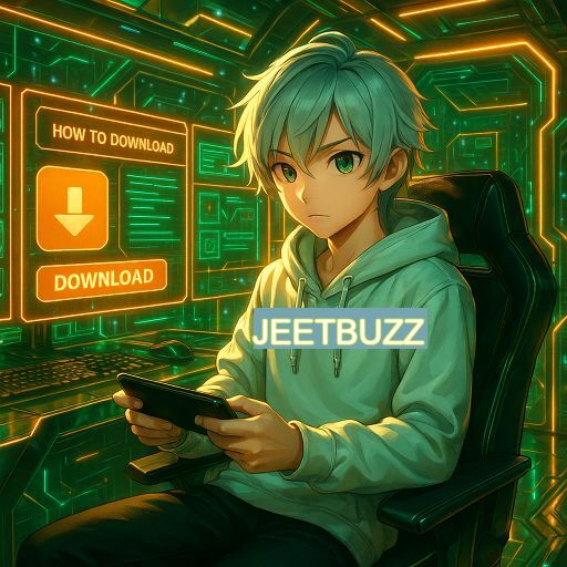 Imagem promocional do app oficial JEETBUZZ destacando a conveniência de jogar cassino online pelo celular ou navegador