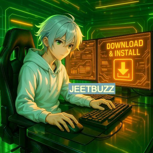 Imagem promocional do app oficial JEETBUZZ destacando a conveniência de jogar cassino online pelo celular ou navegador